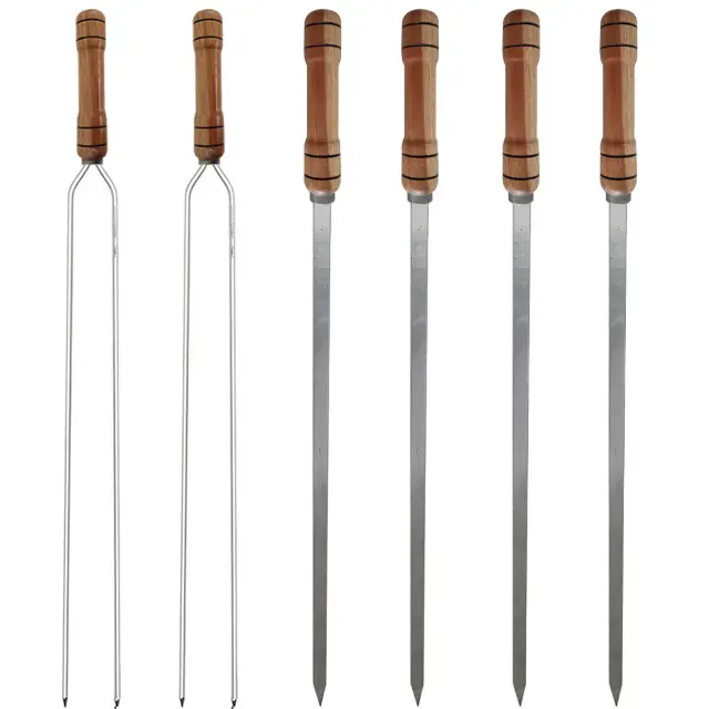 Conjunto De Espetos 4 Simples E 2 Duplos De Alumínio Para Churrasco Cabo De Madeira 86cm