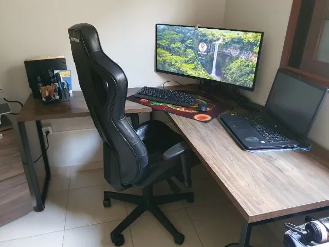 Mesa em L Estilo Industrial + Cadeira Gamer + Gaveteiro (Brinde!) - Ideal para Home-Office