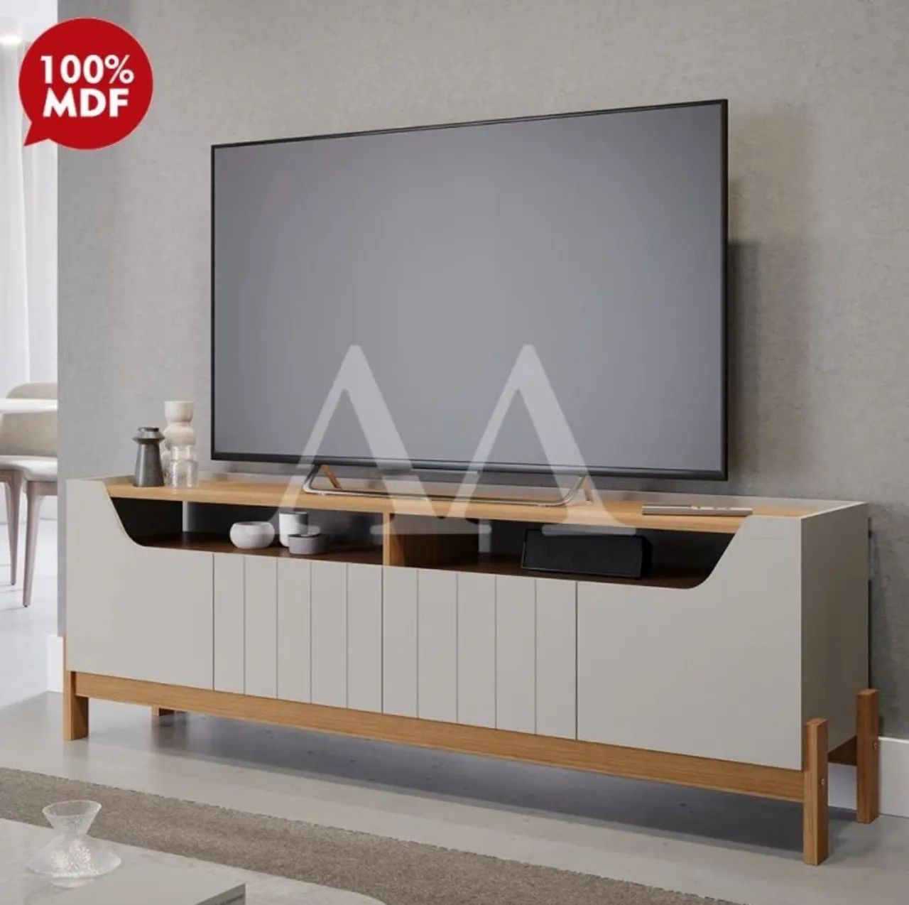 Rack para TV Moderno em MDF Amadeirado e Branco
