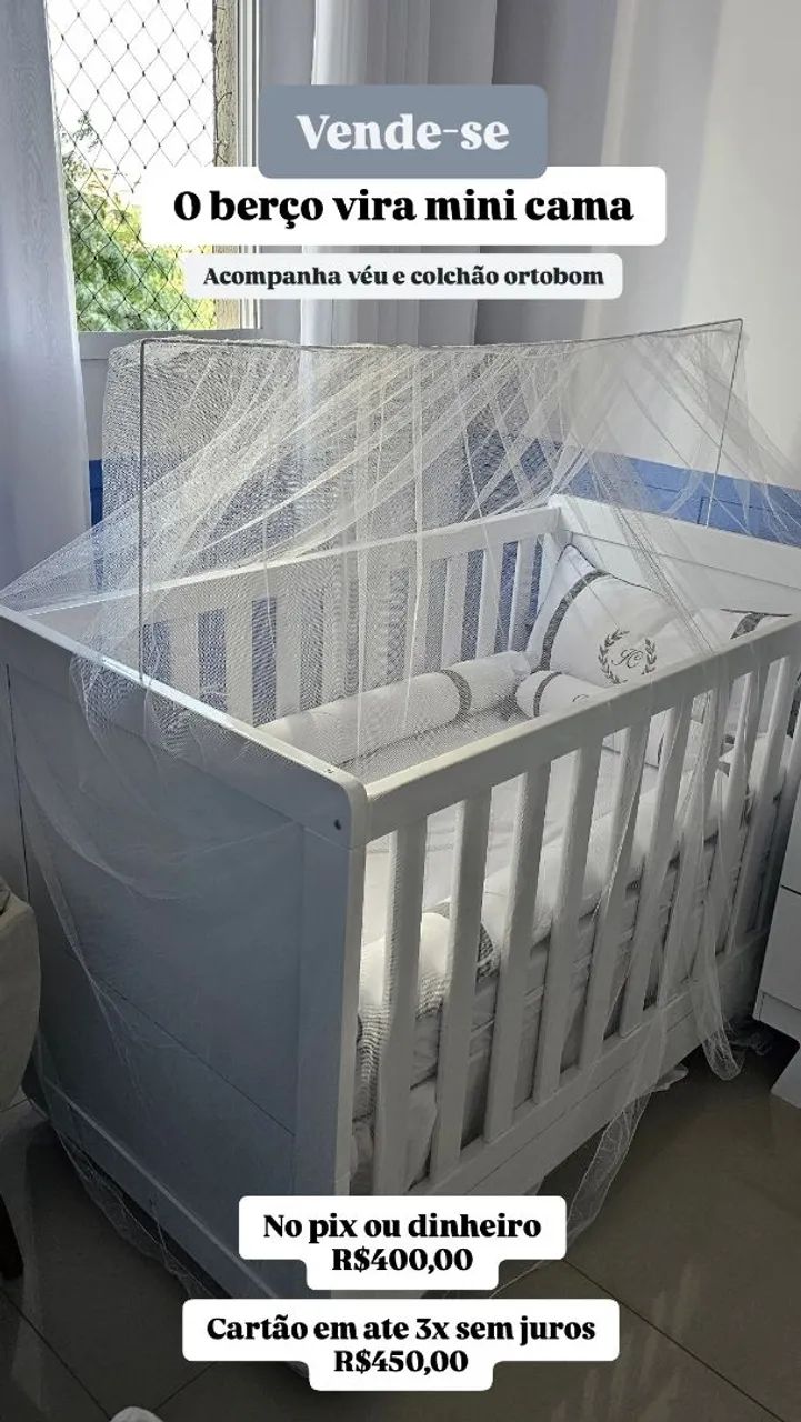 Berço que vira mini cama (colchão ortobom e véu incluso)