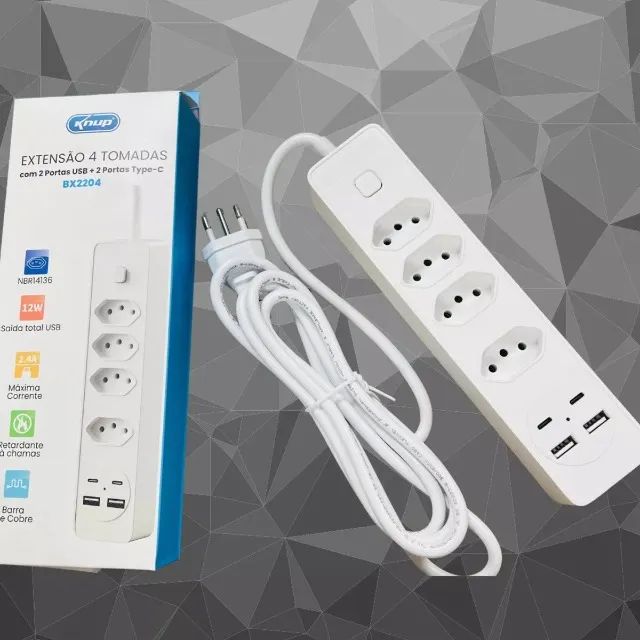 Knup 2M / 4 Outlet Extension Power Strip + 2 USB + 2 Type C White 2500W / 2.4A64310975878658121