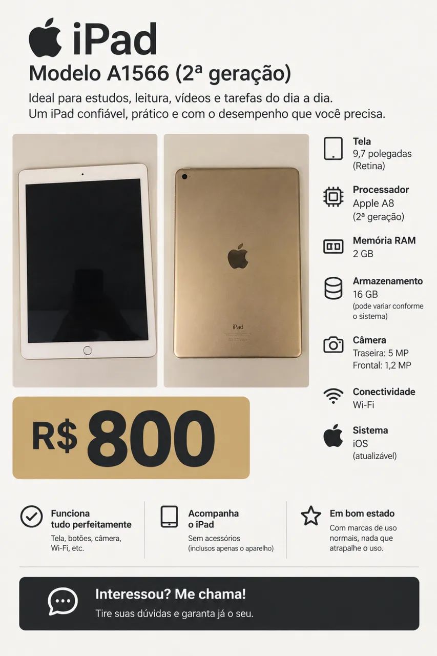 Tablet iPad 2ª Geração A1566 16GB Wi-Fi Dourado