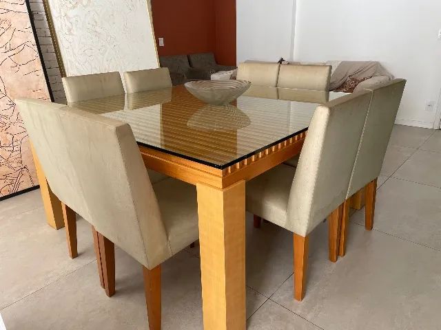 Mesa de Jantar em Madeira Maciça com Tampo de Vidro + 8 Cadeiras
