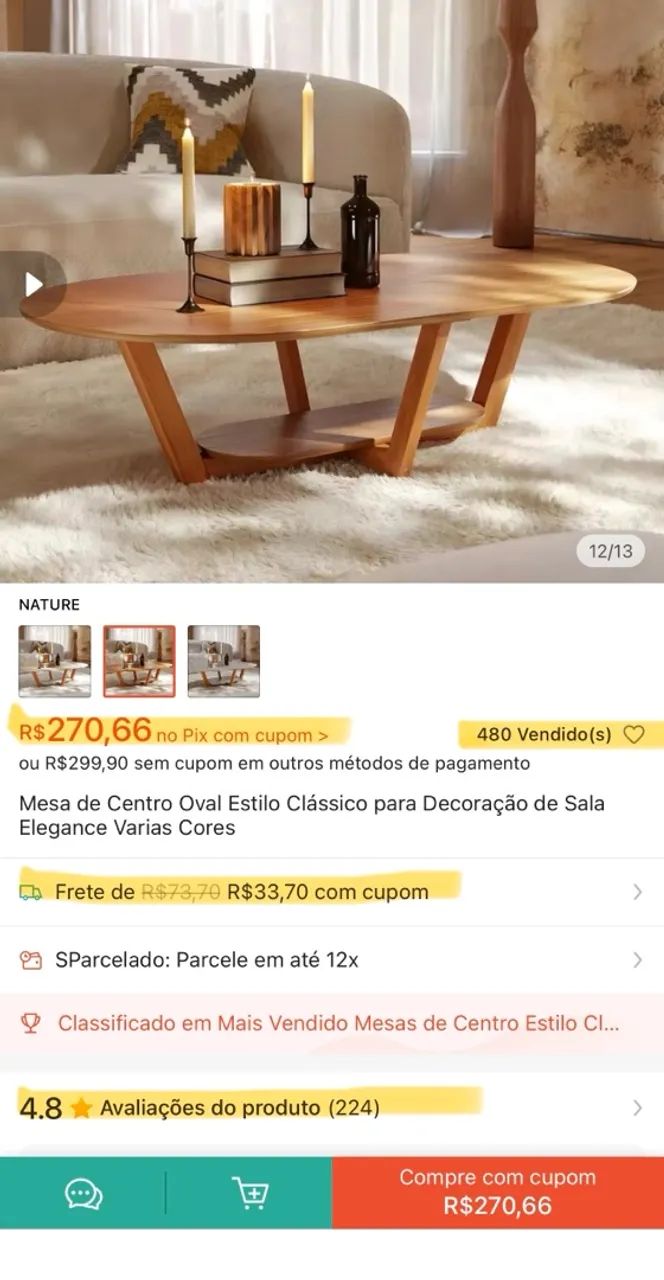 Mesa de Centro Oval 120x68