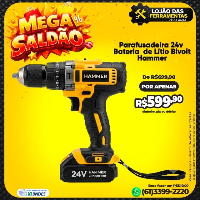 Parafusadeira 24v Bateria de Lítio Bivolt Hammer