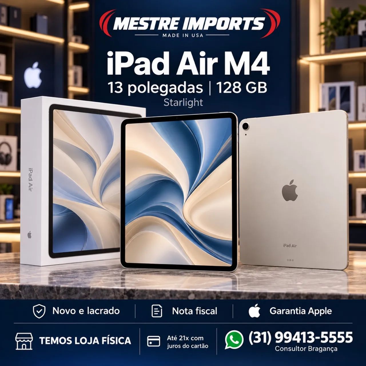 iPad Air M4 13 polegadas 128GB Starlight Novo Nota Fiscal