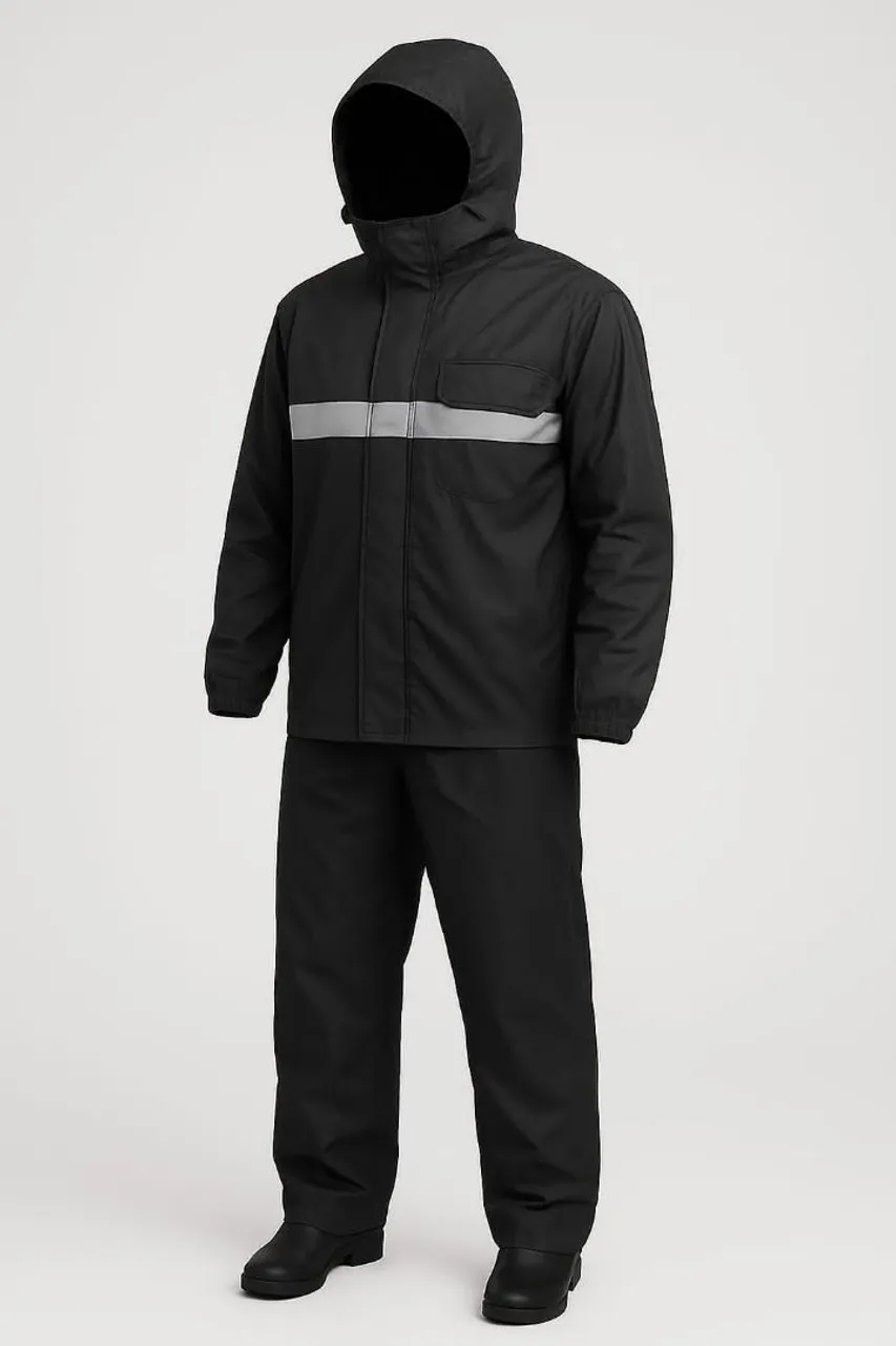 Conjunto de chuva impermeável preto com faixa refletiva