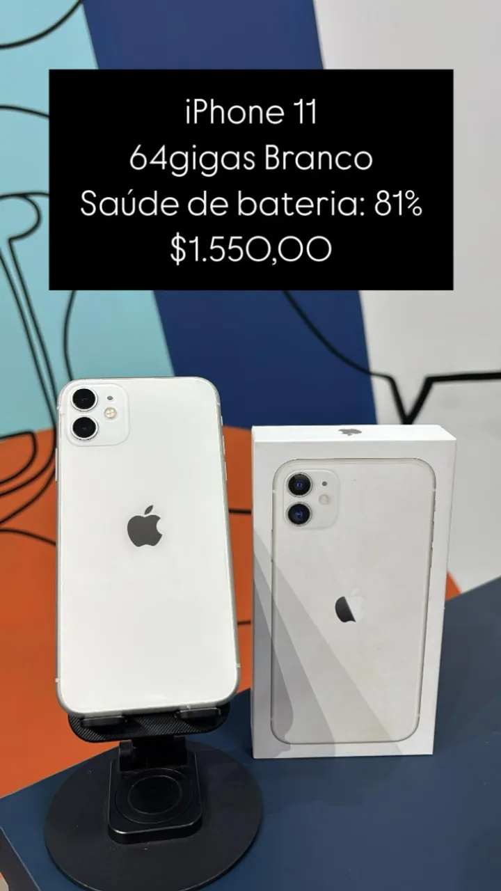 iPhone 11 / 128GB / Branco / Saúde de bateria 76% / R$ 1.550,00