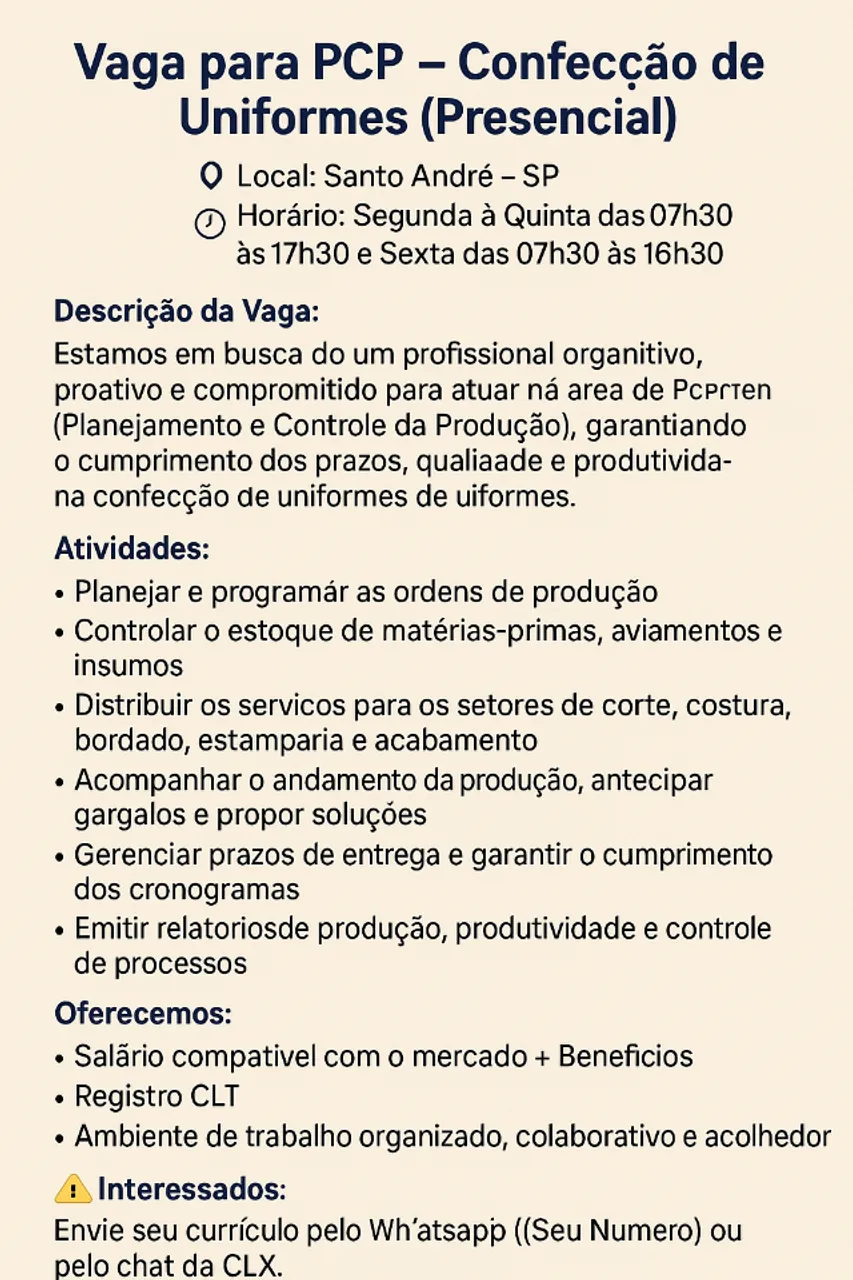 Vaga para PCP - Confecção de Uniformes (Santo André)