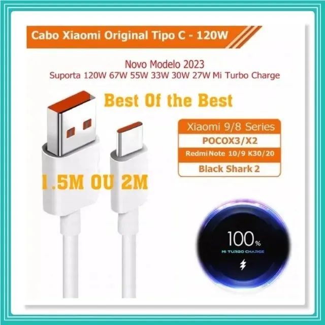 Cabo Carregador Usb Xiaomi Original 120w 6a Turbo Charge 2M