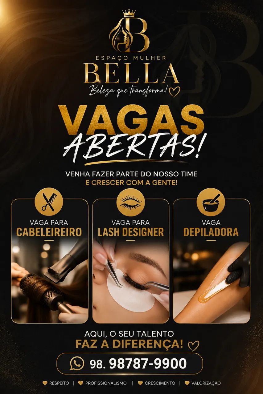 Vaga para cabeleireiro depiladora lash designer 