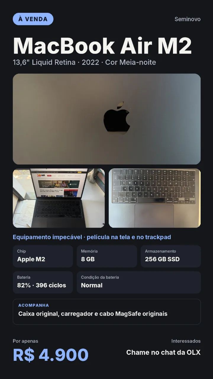 MacBook Air M2 13" 8GB 256GB Meia-noite