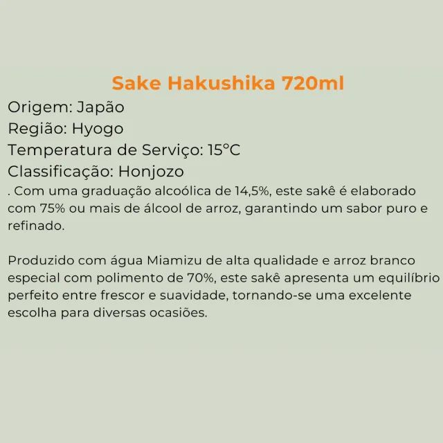 PROMOÇÃO! SAKE HAKUSHIKA 720 ML - Foto 2