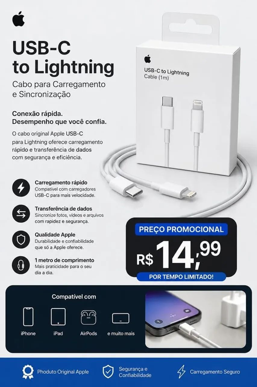 ? CABO USB-C PARA LIGHTNING ? PRATICIDADE NO SEU DIA A DIA!