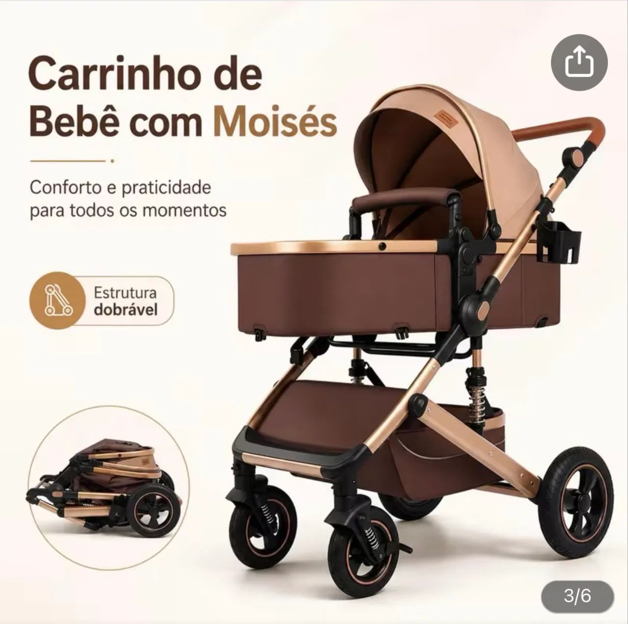 Carrinho de bebê com moisés marrom - novo, nunca usado - Foto 5