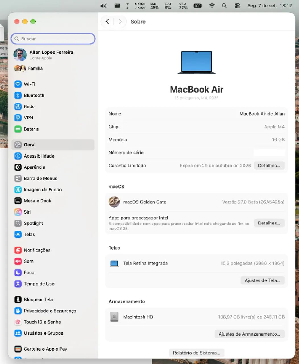 Notebook Apple MacBook Air M4 15 polegadas - 16GB/256GB - 26 ciclos - Foto 5