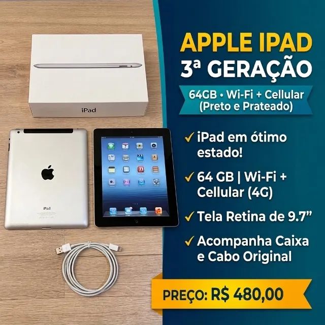 Apple iPad 3ª Geração 64GB Wi-Fi + Cellular - Preto (Com Caixa e Cabo Original)