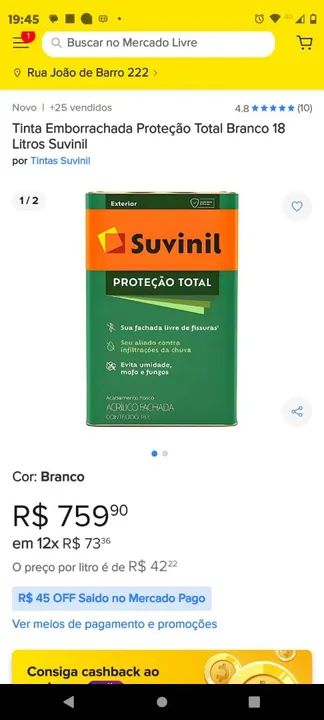 Tinta Emborrachada Suvinil Proteção Tota diversas cores l Branco 18 Litros