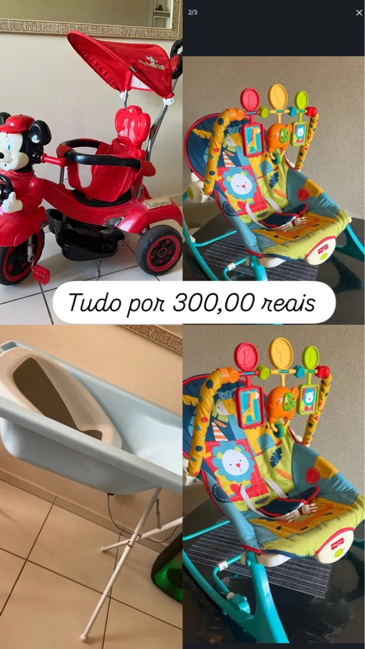 Kit completo para bebê: Triciclo, cadeira e banheira