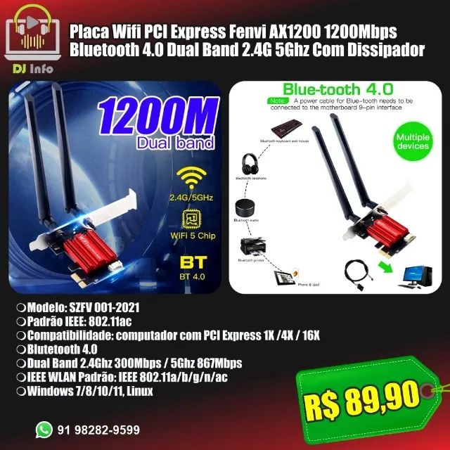 Placa Fenvi Wifi 2.4Ghz/5Ghz + Bluetooth 4.0 Com Dissipador