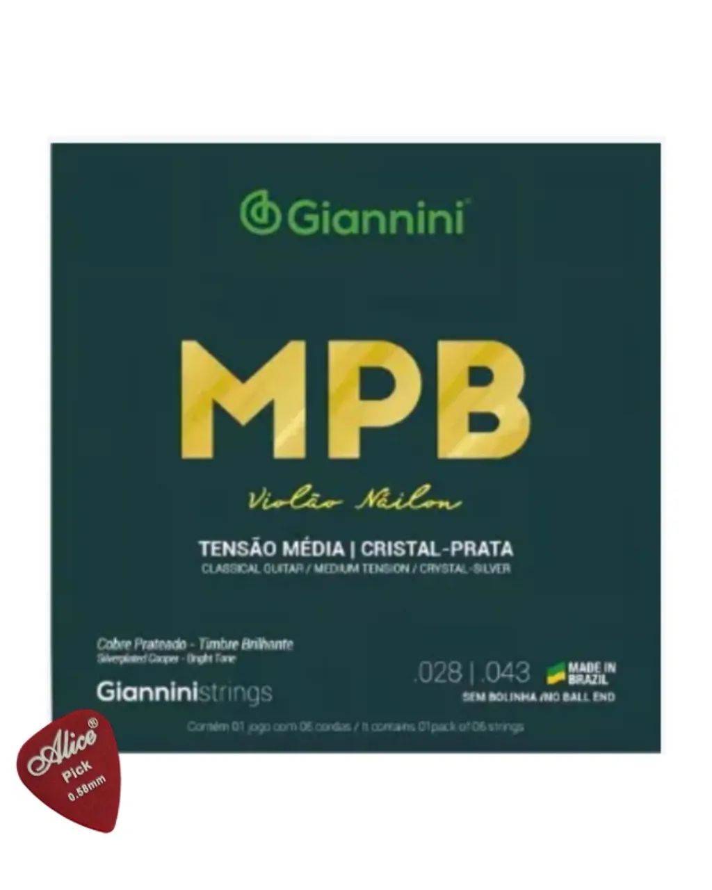 Encordoamento Giannini Mpb Violão Nylon Cristal Prata + Palheta 