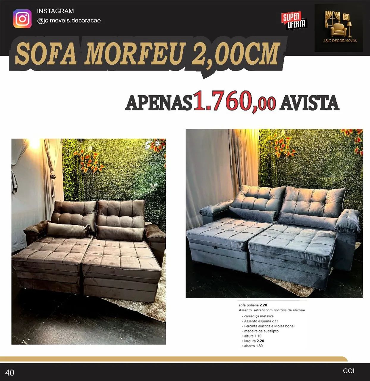 SOFA MORFEU 2M RETRÁTIL E RECLINÁVEL 