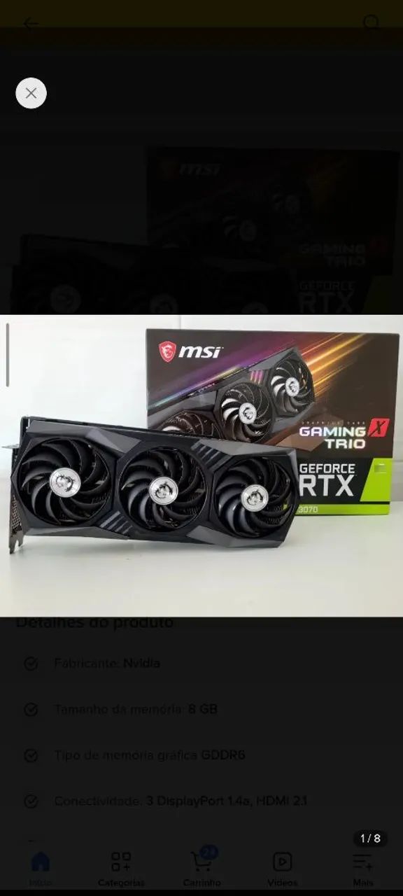 Placa De Vídeo Rtx 3070 8gb Msi Gaming X Trio