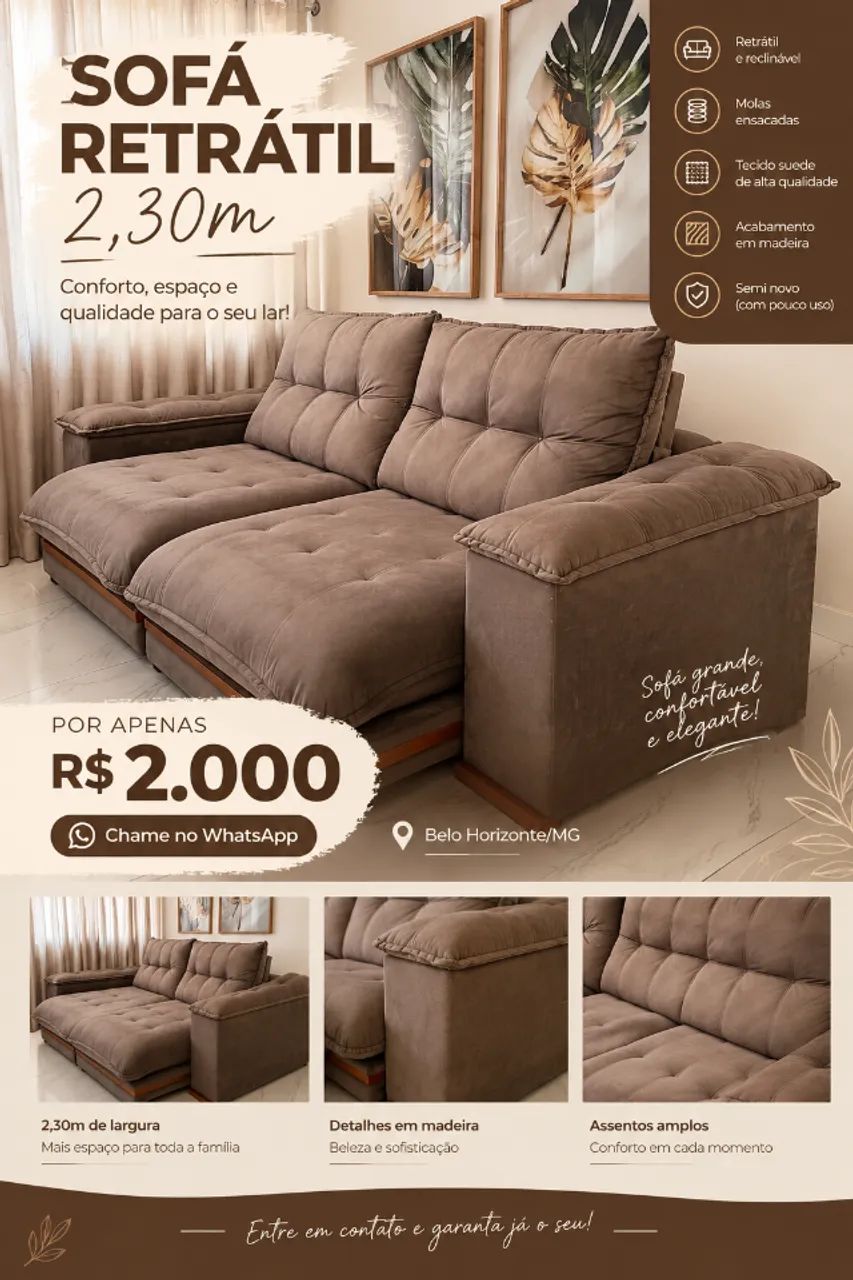 Sofá retrátil molas ensacadas 