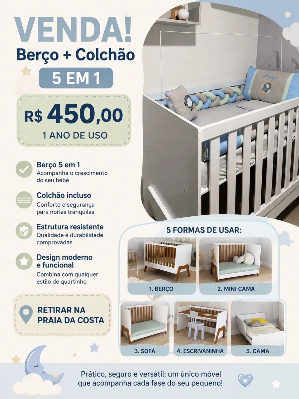 Berço 5 em 1 + Colchão 