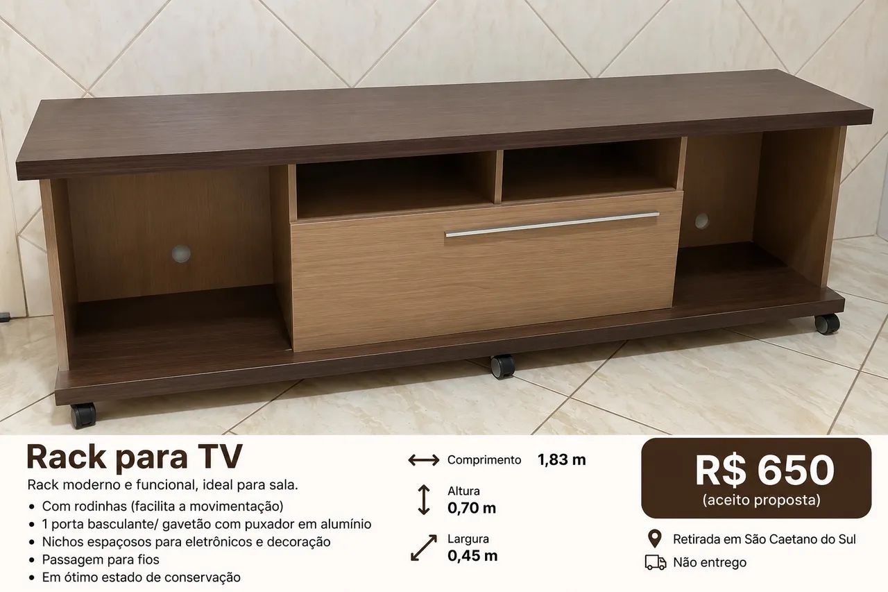 Rack para TV grande com rodinhas - 1,83 m