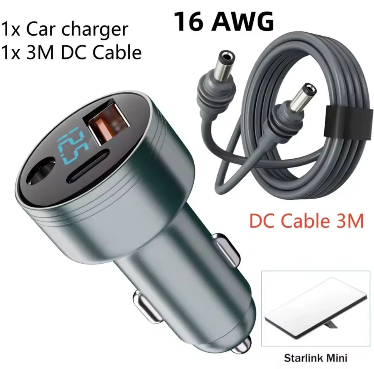 Carregador Veicular de Carro Para Starlink Mini 3 em 1 USB-C PD com cabo DC 3 Metros  - Foto 2