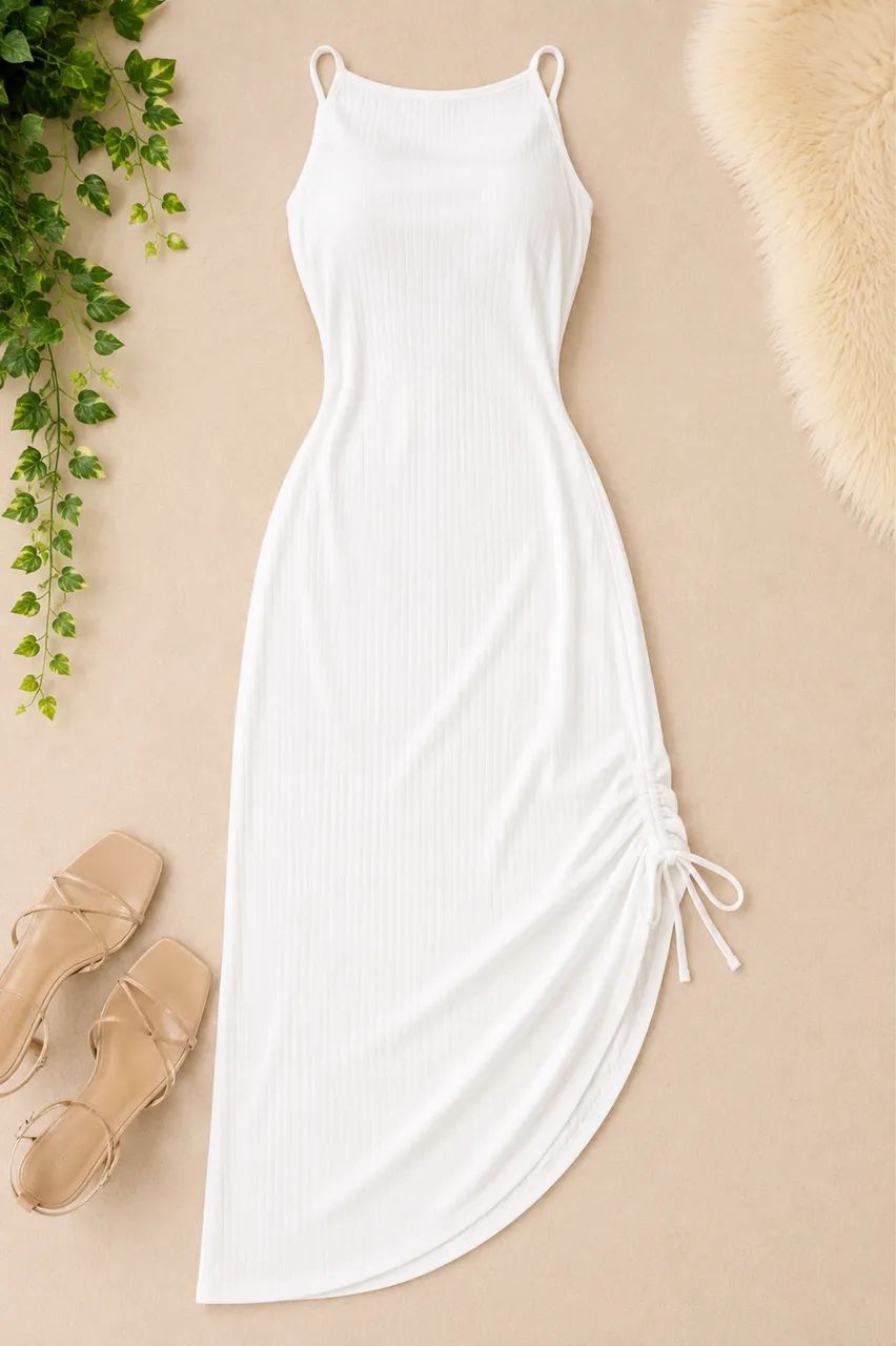 Vestido longo creme com amarrações