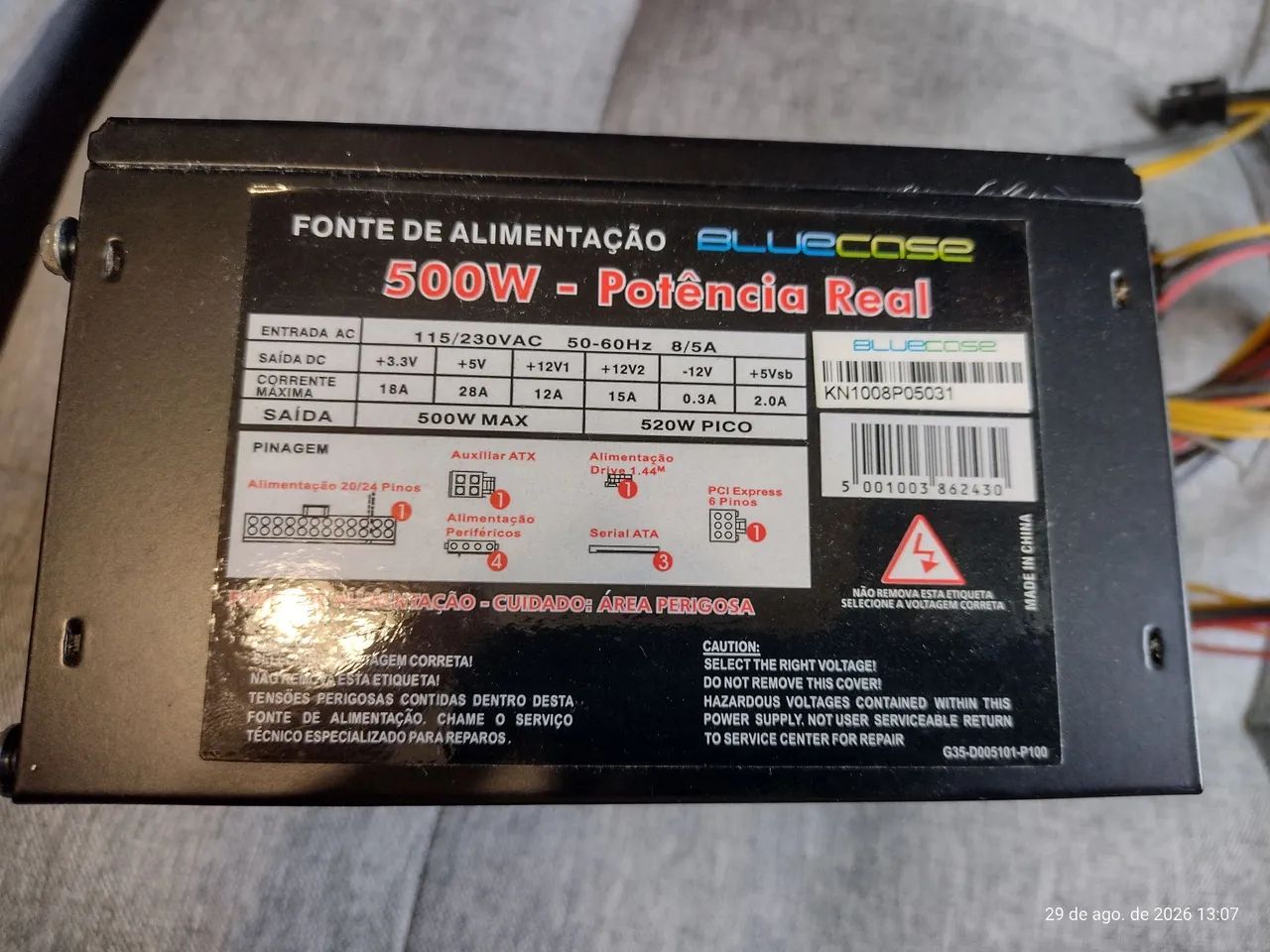 Fonte para PC 500 Wats reais marca Bluecase.