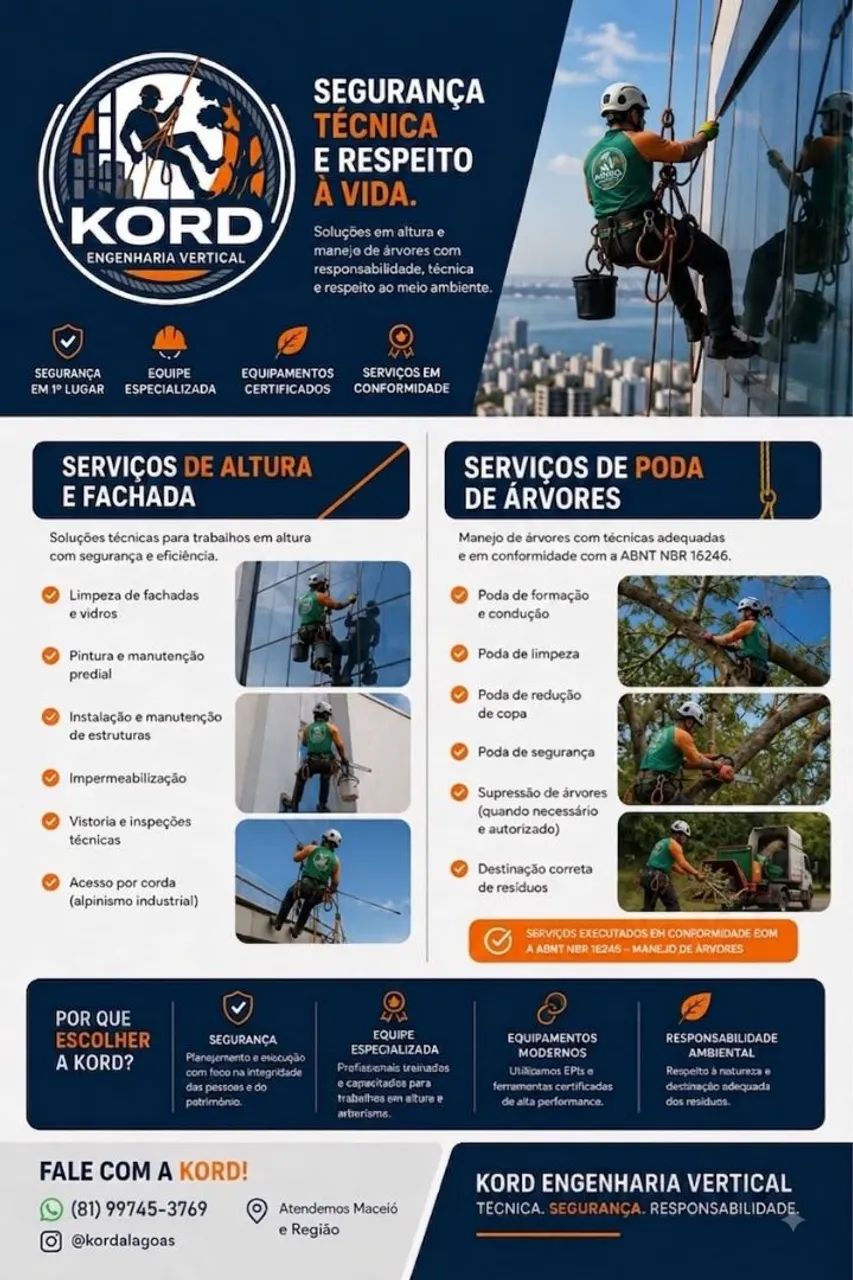 Serviços em altura, poda e corte de árvores
