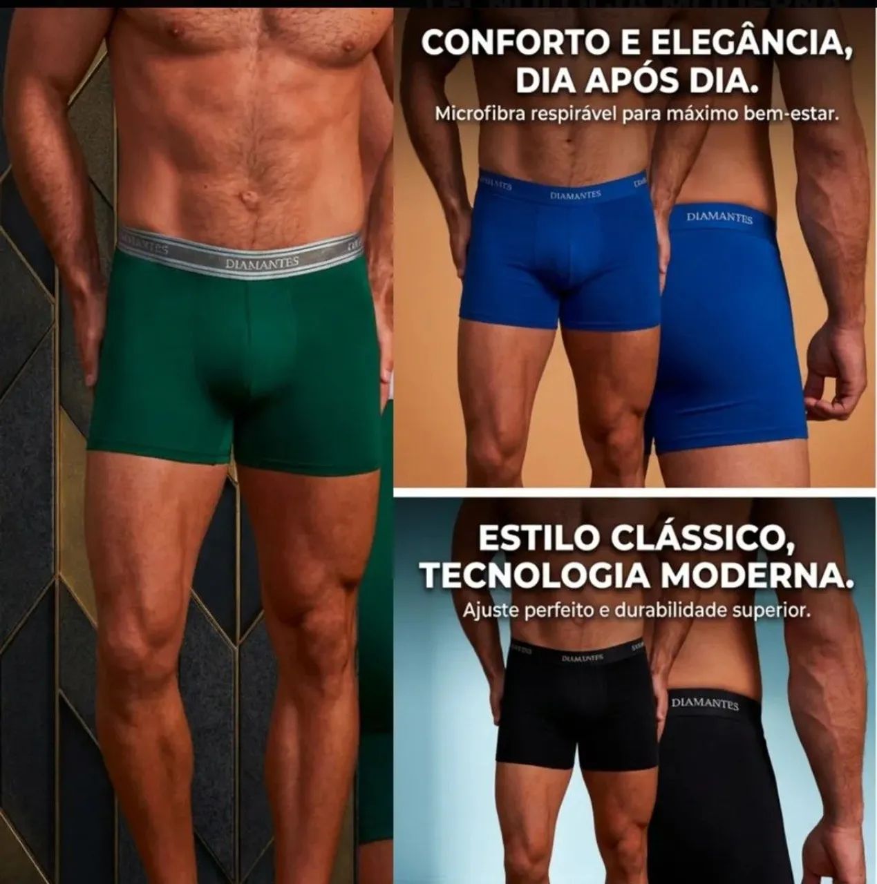Kits com 3 Cuecas Boxer Diamantes Adulto 