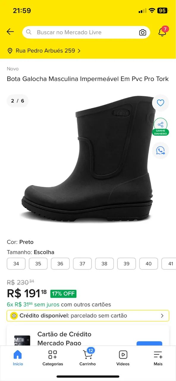 Bota Pro Tork galocha impermeável top nova Boots 35