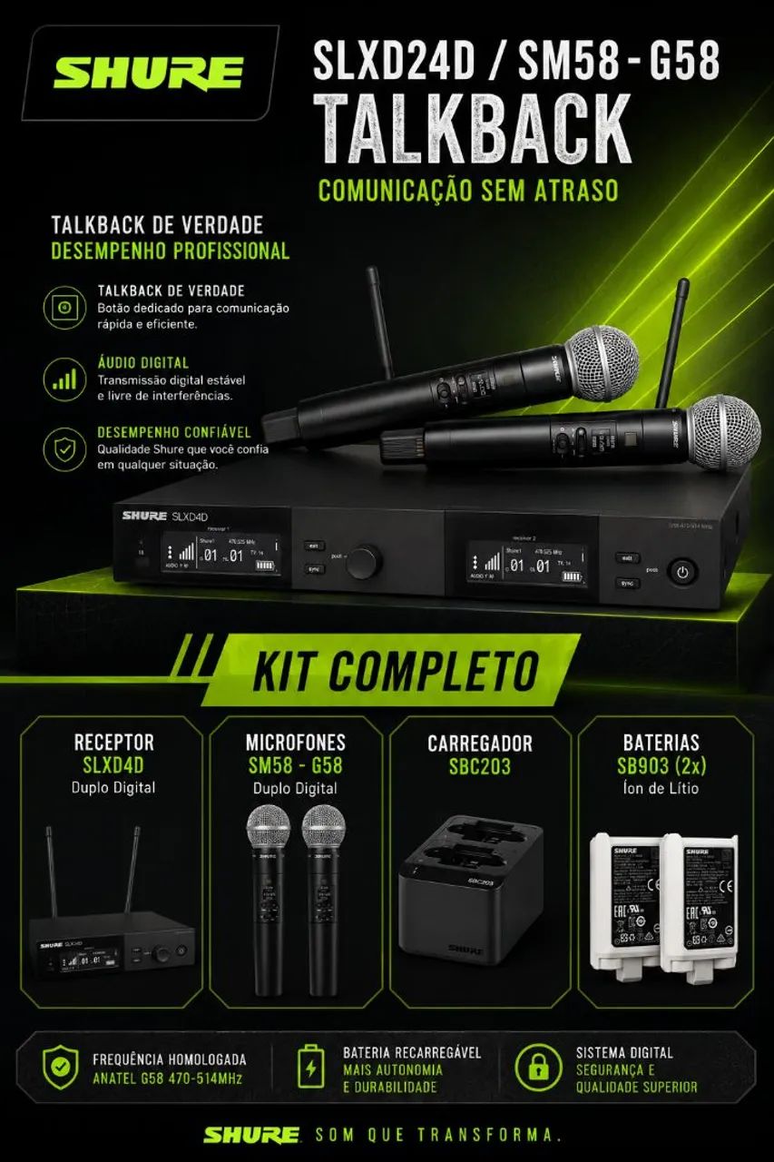 Microfone sem Fio Shure Original SLXD24D/SM58 G58 com TalkBack Profissional 