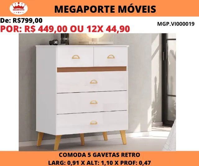 Cômoda Ibiza 5 Gavetas Pés Retrô