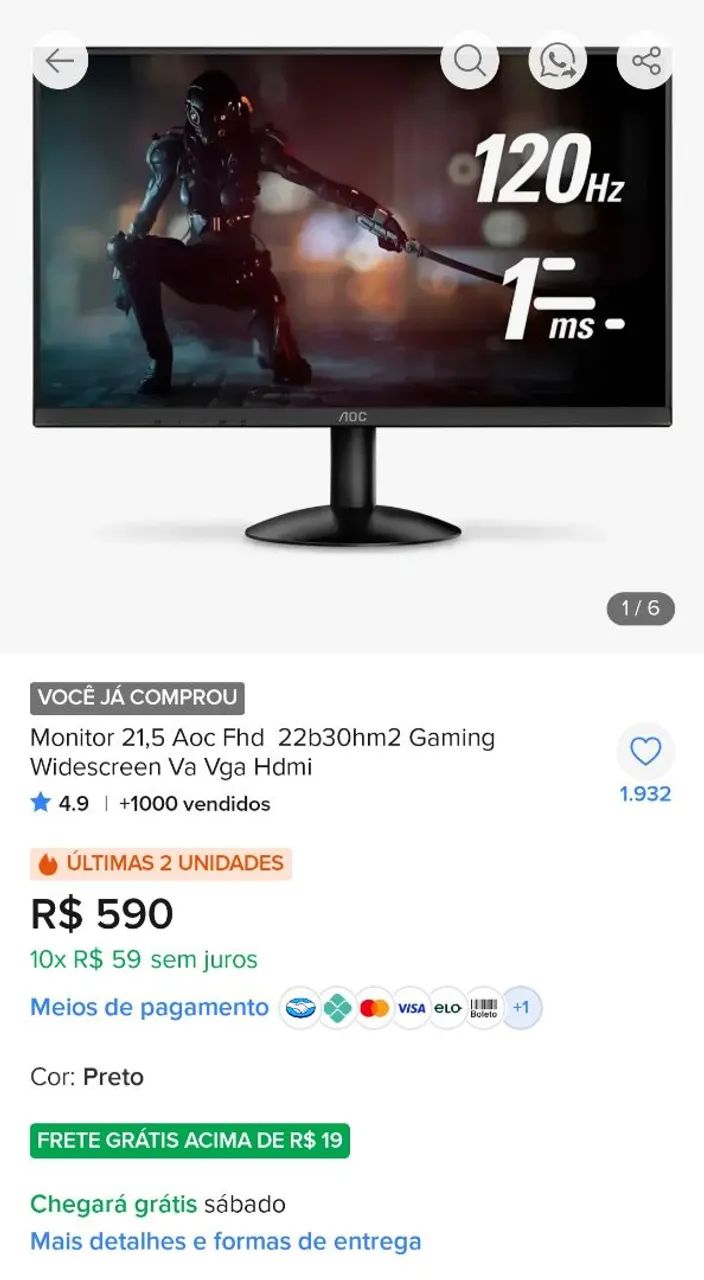 Monitor AOC 21.5 120Hz FullHD  - Foto 2