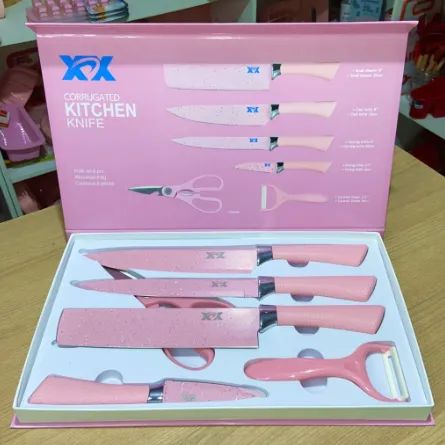 Jogo de Facas Rosa 6 Peças Gourmet Faqueiro Antiaderente Profissional De Cozinha XDX