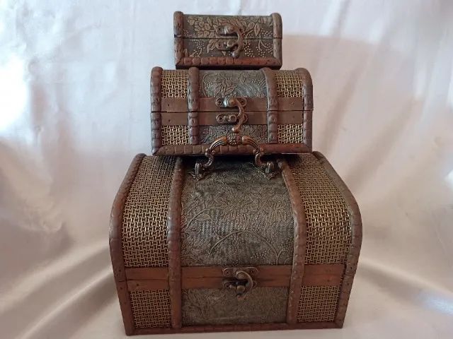 Trio conj de 3 Baús Mini Colecionador Decoração modelo antigo Reliquia Decoração