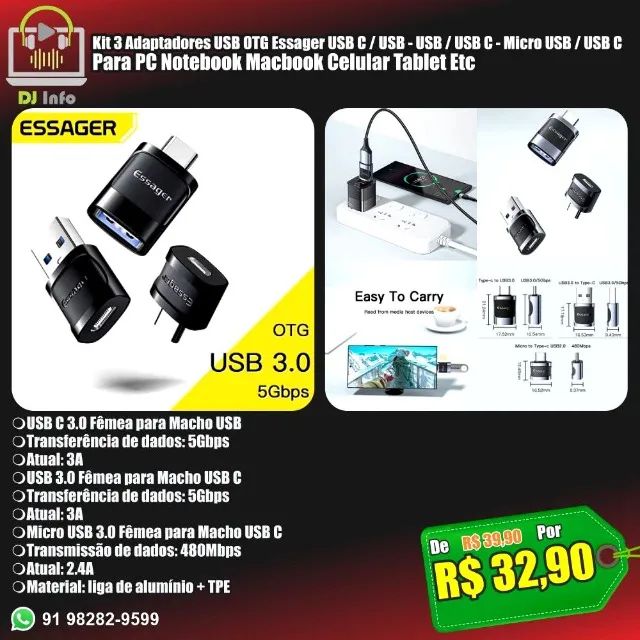 Kit 3 Adaptadores USB OTG Essager USB C/USB - USB/USB C - Micro USB/USB C PC Note Macbook