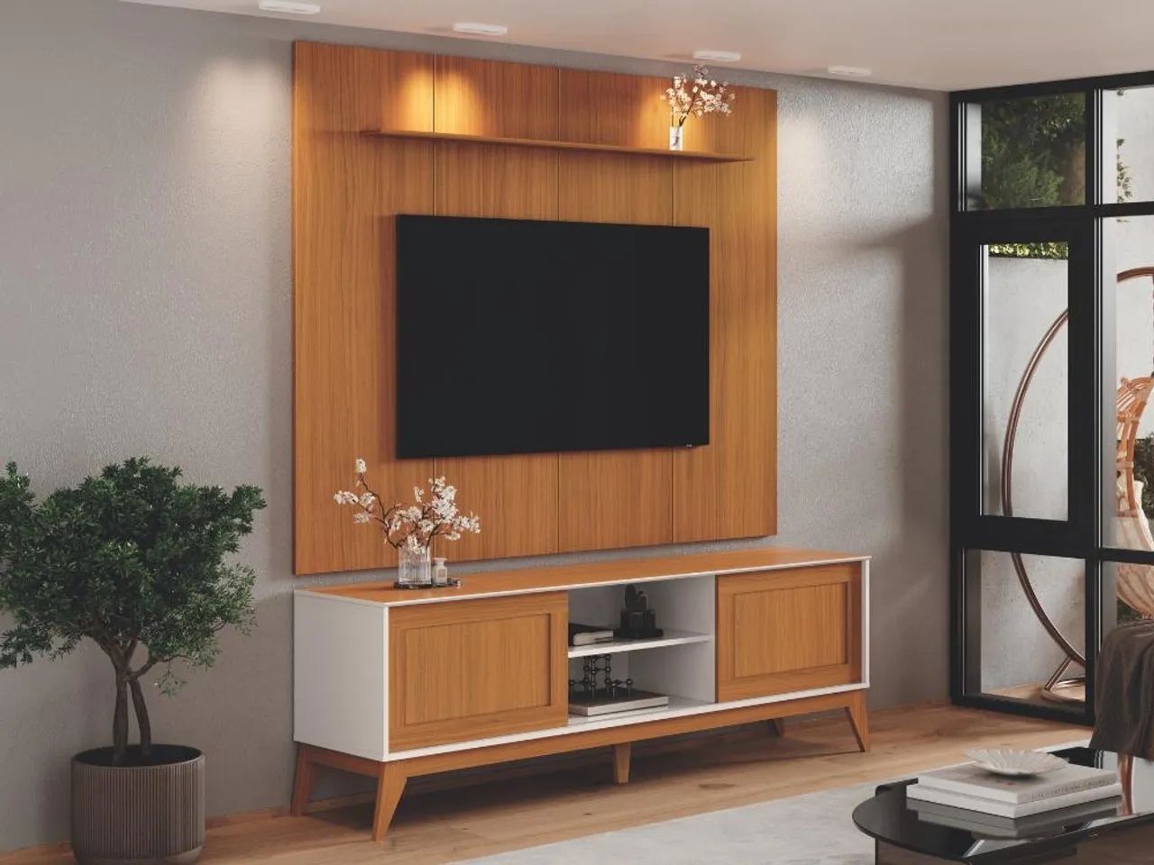 Rack King com Painel Avant 75? - Off White/Cedro l53