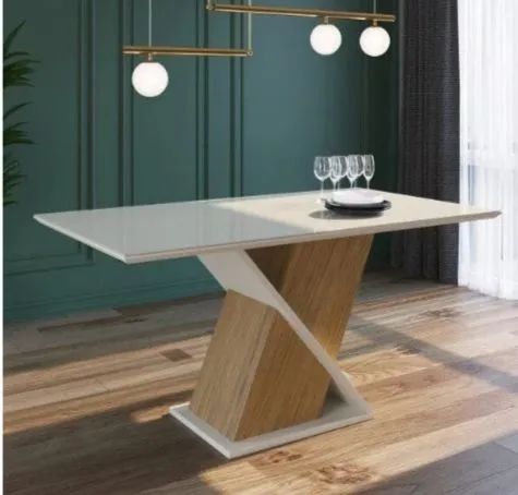 Mesa de Jantar Tampo de Vidro Off white e Madeira