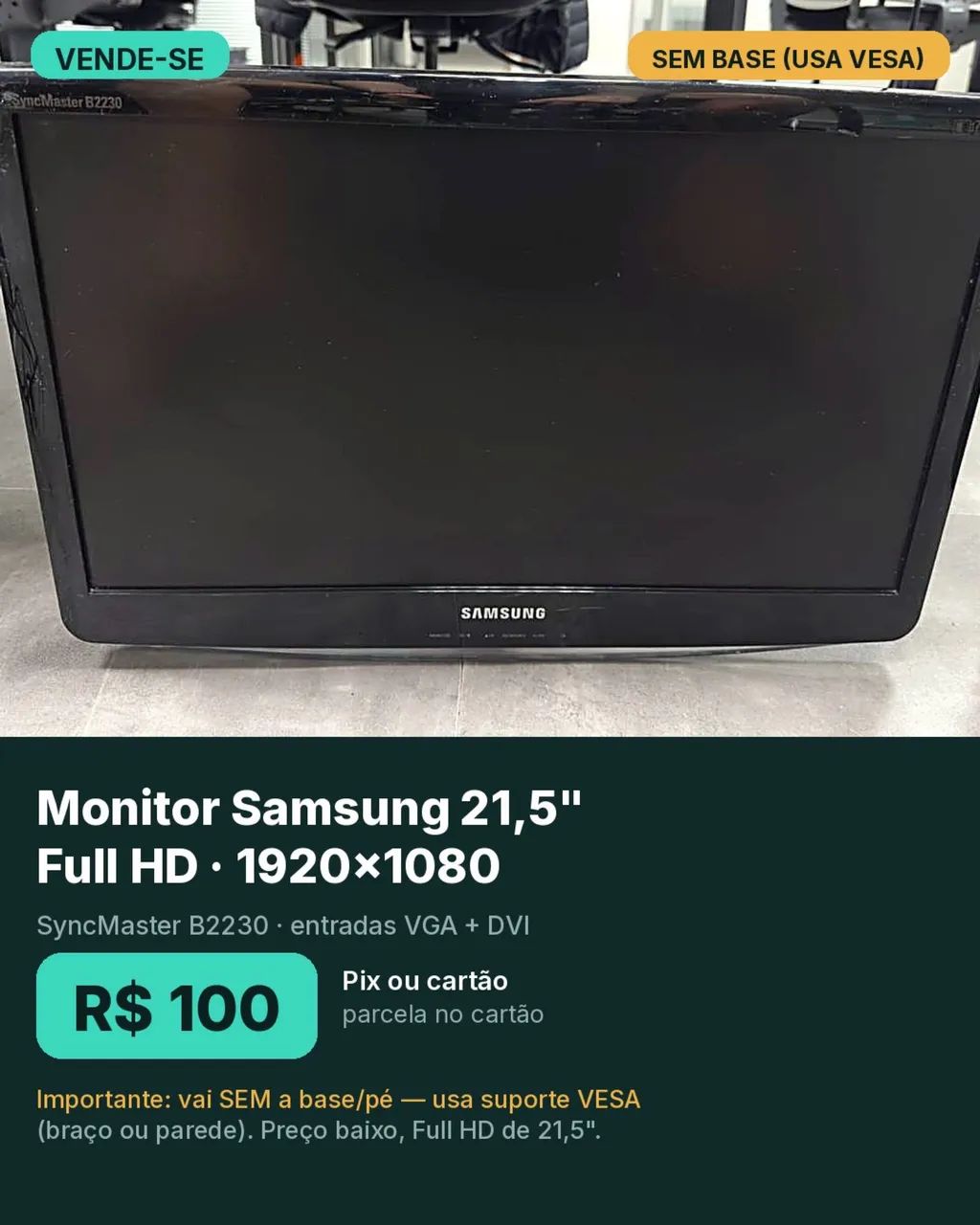 Monitor Samsung 21,5 polegadas Full HD (sem base)