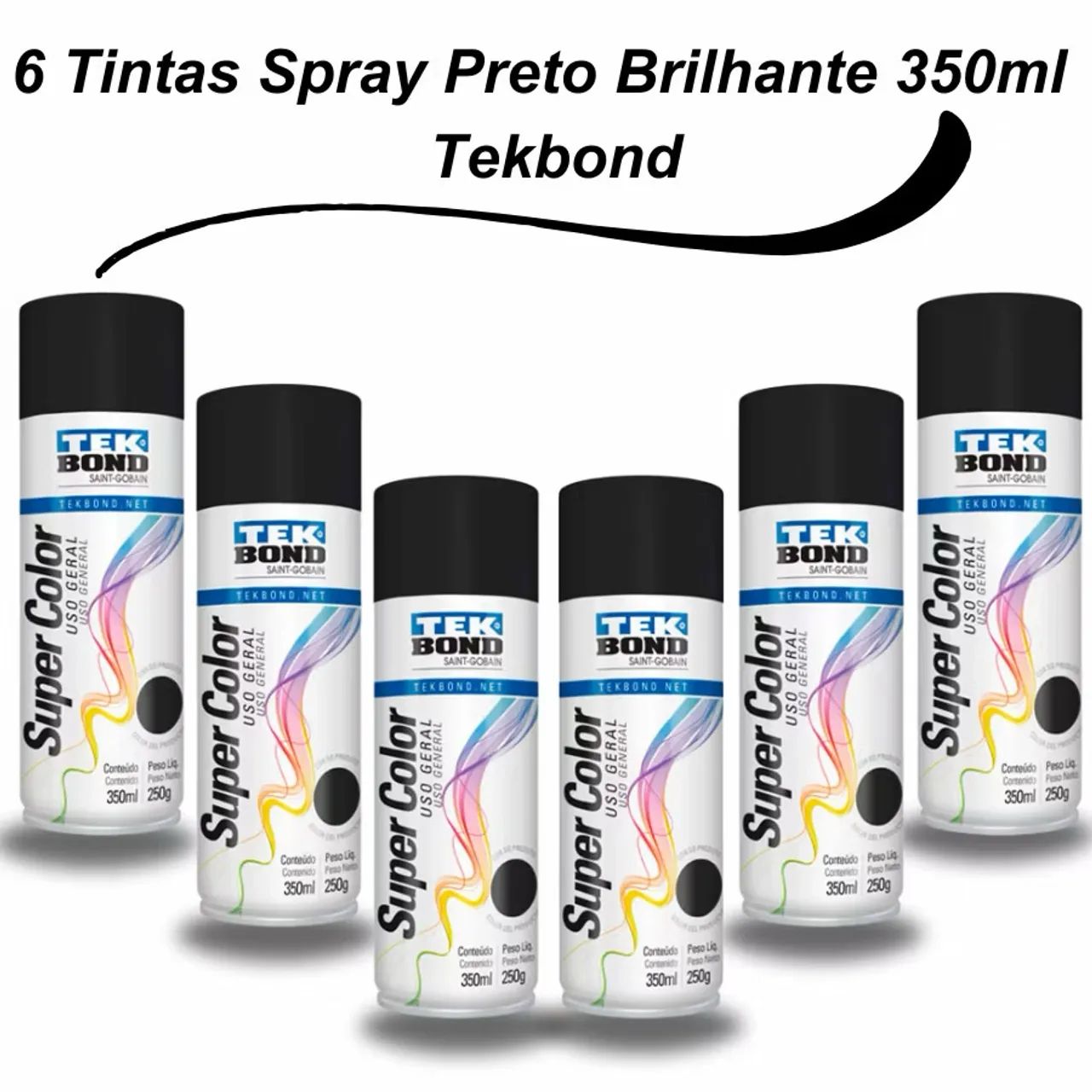 Kit Tinta Spray Tekbond Uso Geral 350ML Preto Brilhante Secagem Rápida