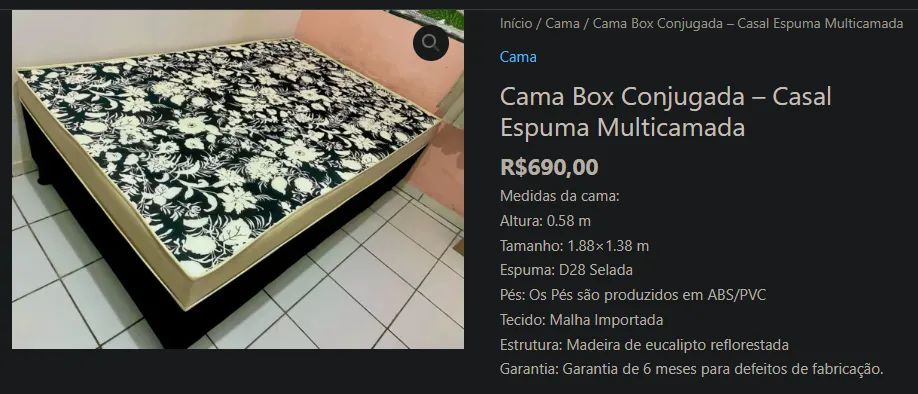Cama Box Conjugada - Casal Espuma Multicamada R$690,00  Medidas da cama: Altura: 0.58 m Ta