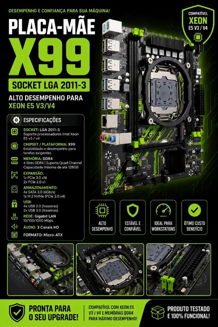 Placa-Mãe X99 LGA 2011-3 DDR4 - Xeon E5 V3/V4 - 4 Slots RAM