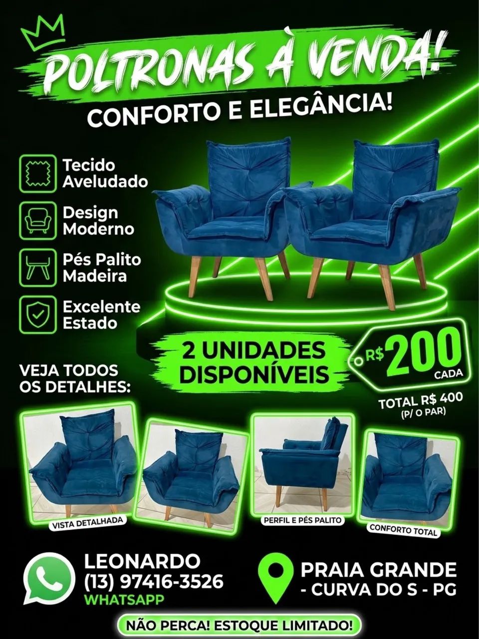 Poltrona estofada aveludada azul  - Foto 3