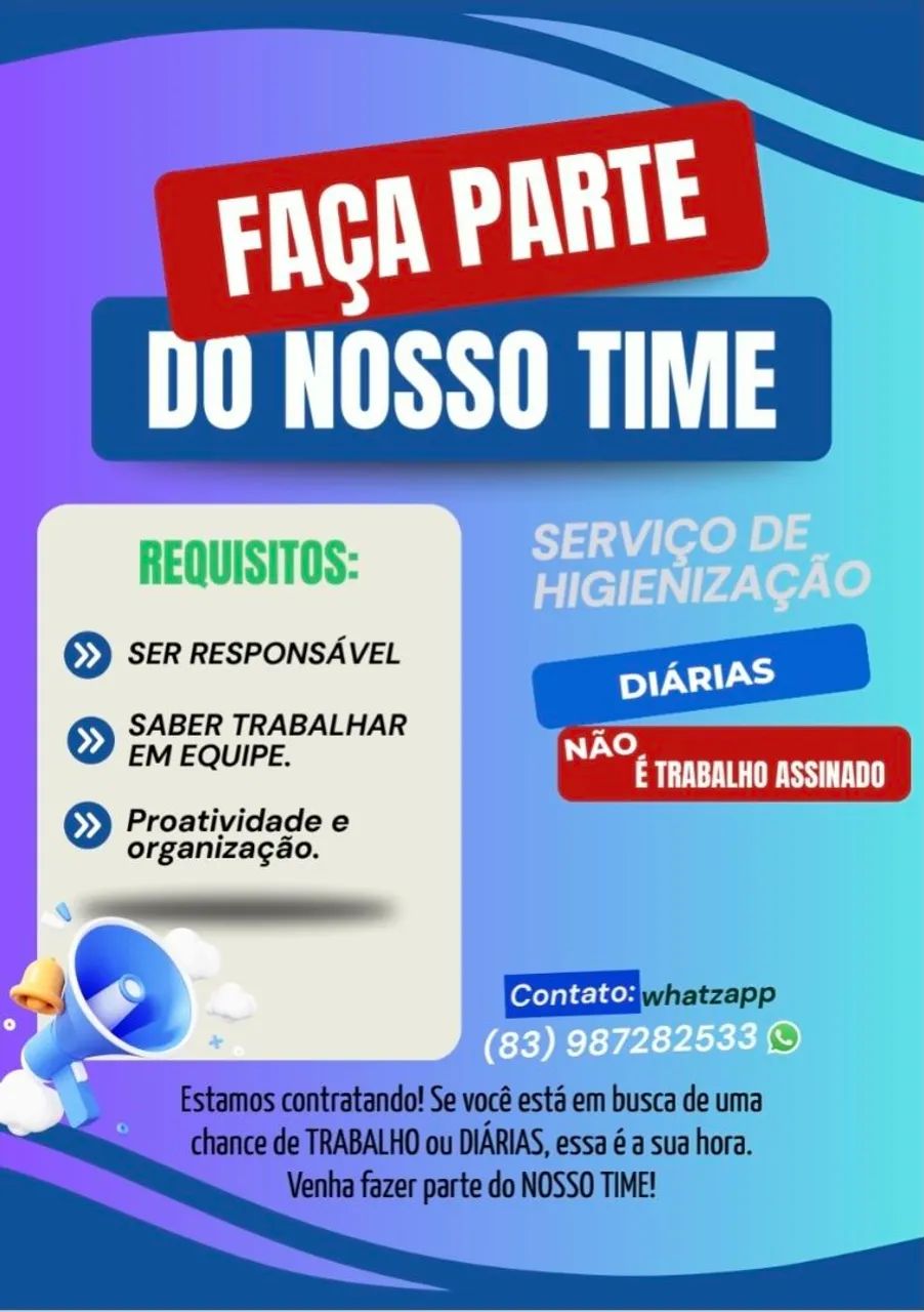Vaga de serviços Diárias/Extras 